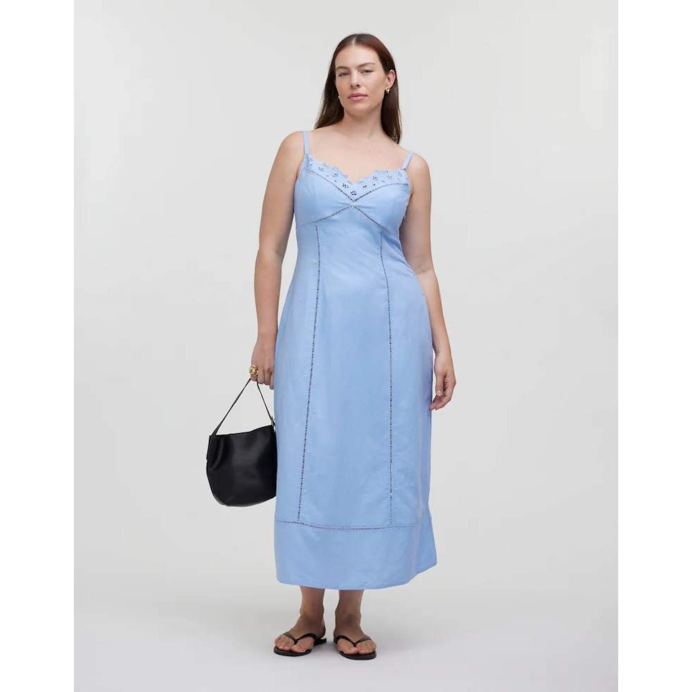 NWT Madewell Sweetheart Midi Dress Cotton Linen Blend Size 6 Powder Blue Eyelet